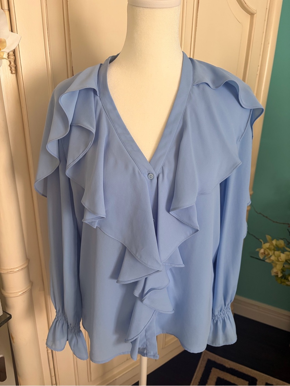 Zara Light Blue Ruffle V-Neck Women's Blouse